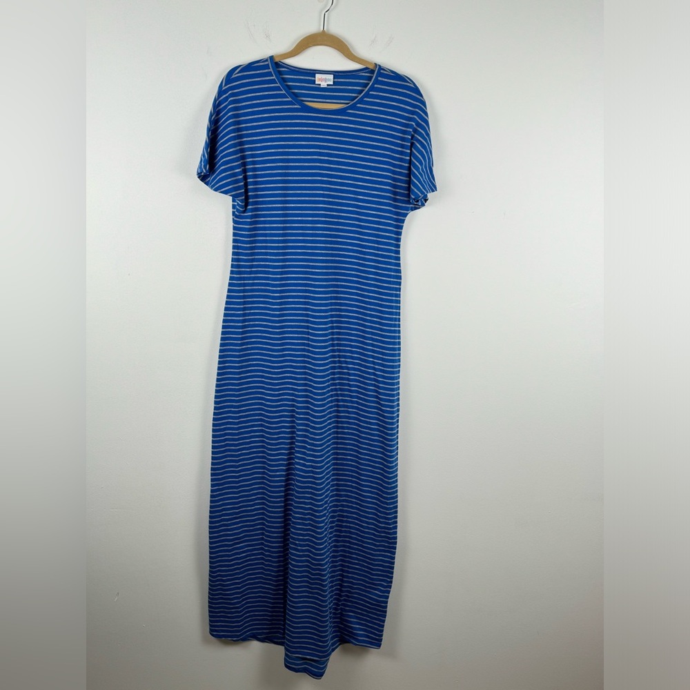 LuLaRoe Striped Maxi Dress Cap Sleeve Crew Round Neck Jersey Knit Size M Blue